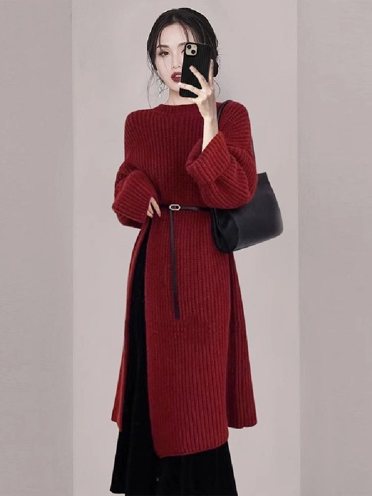 Women'S Red Formal Wear - Vestido de Punto Rojo Elegante para